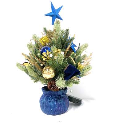 New design artificial pe 40cm tabletop christmas tree with deep blue ceramic basin